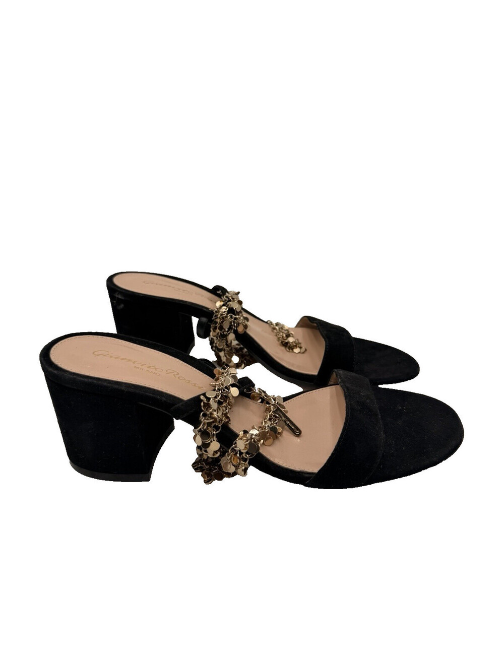Gianvito Rossi black suede Gold Chain block-heel sandals Size 36